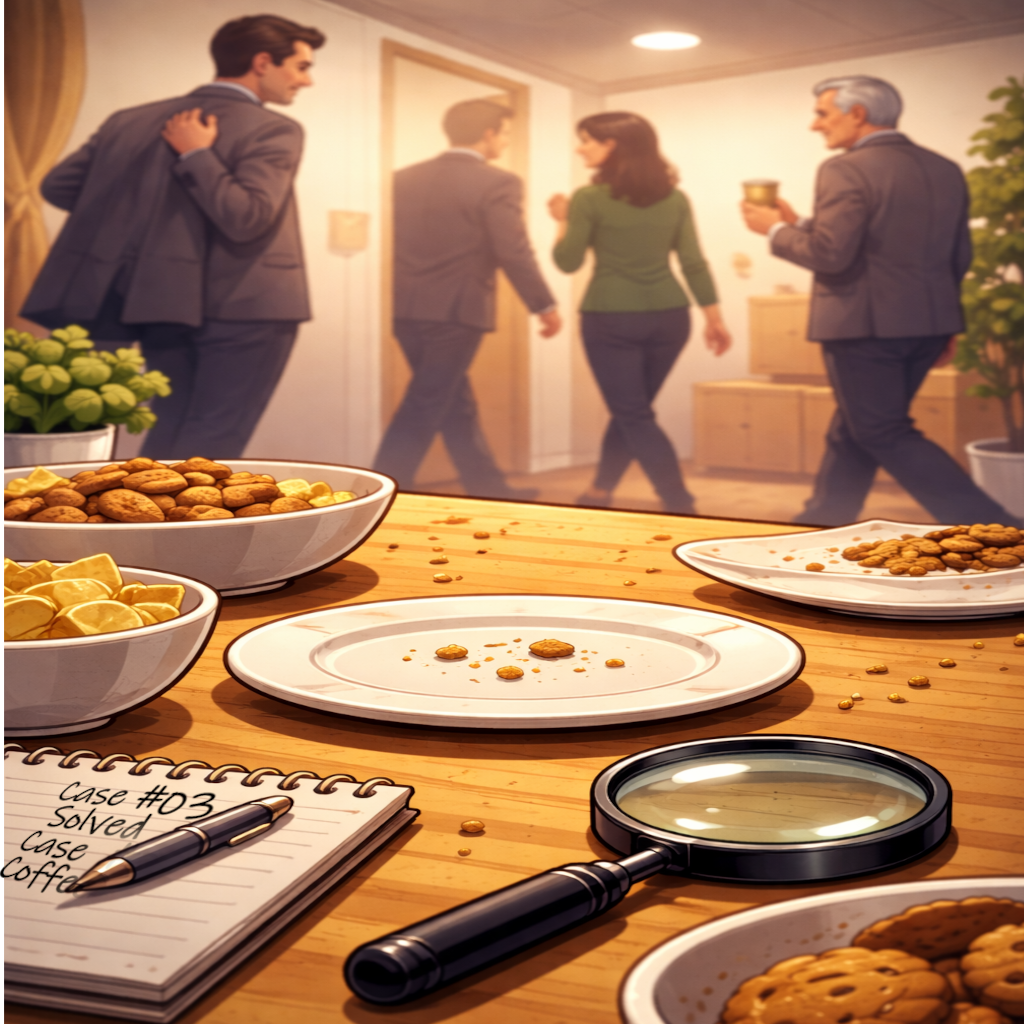 Empty biscuit plate with crumbs on a table as guests leave the room while a detective notebook and magnifying glass rest nearby.